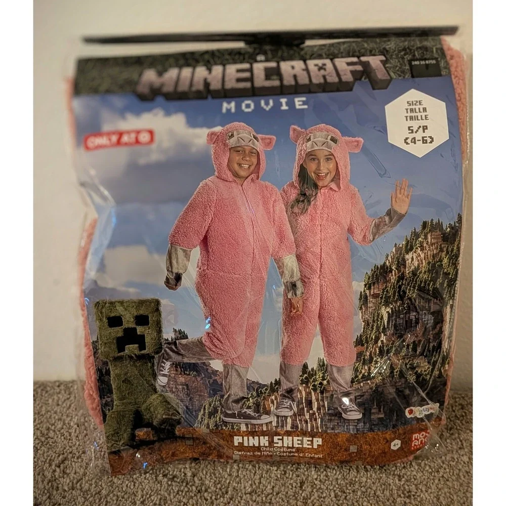 Minecraft Movie Pink Sheep Child Costume Jumpsuit Hooded One Piece Size 4-6x NEW